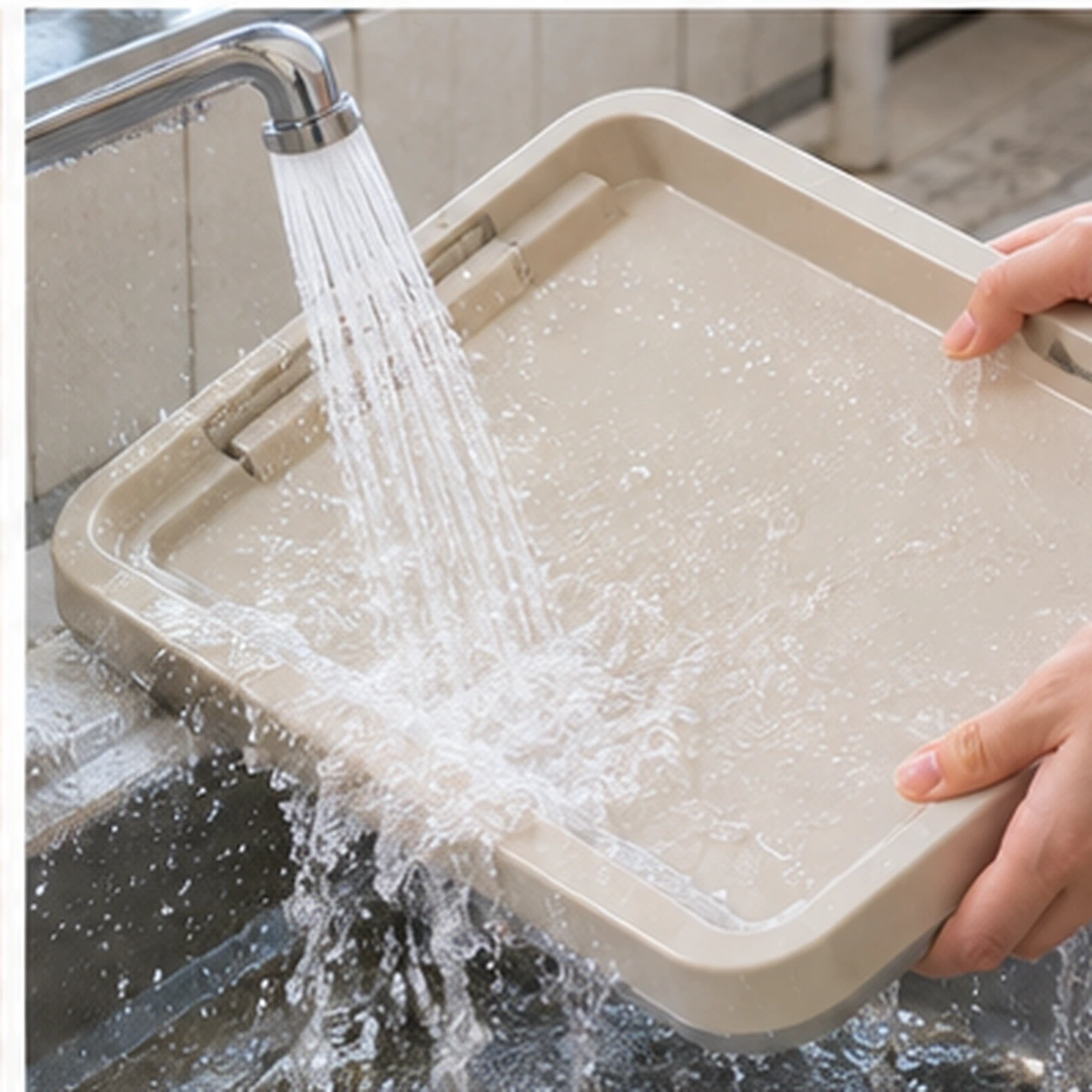トイレトレーを水洗いしている様子