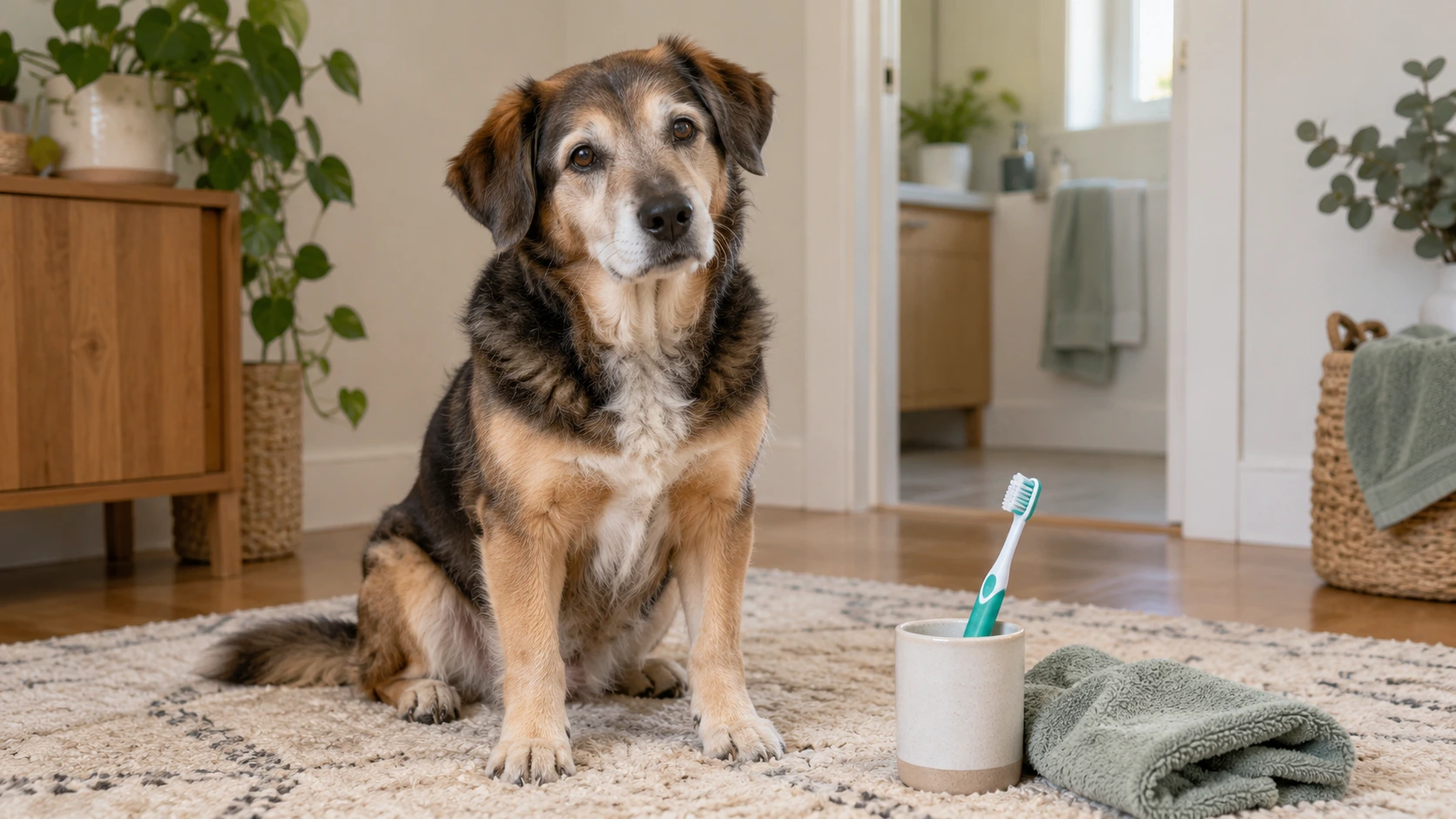 歯ブラシのそばで落ち着いているシニア犬の様子