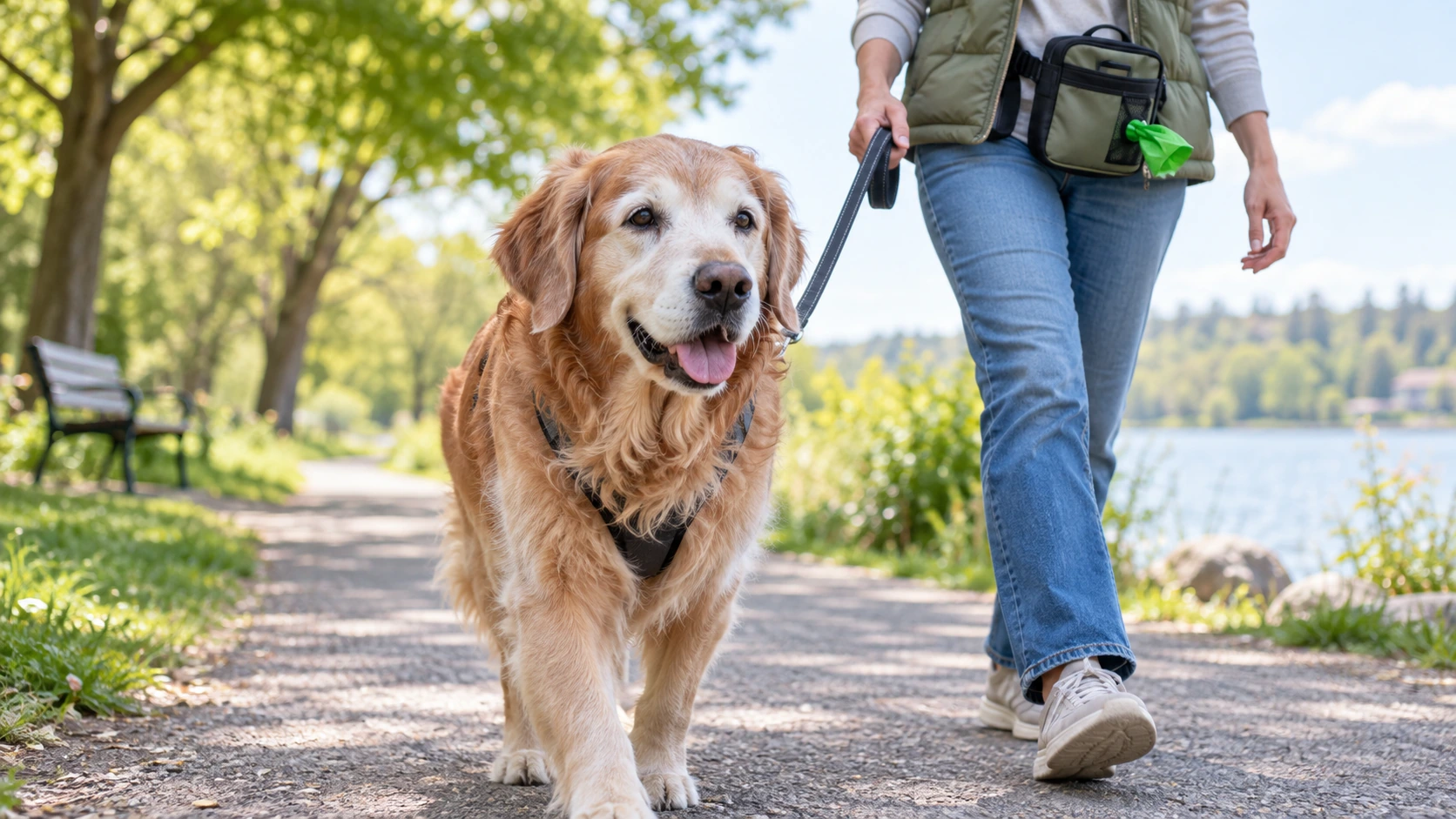 散歩中にマナーポーチを身につけている飼い主とシニア犬の様子