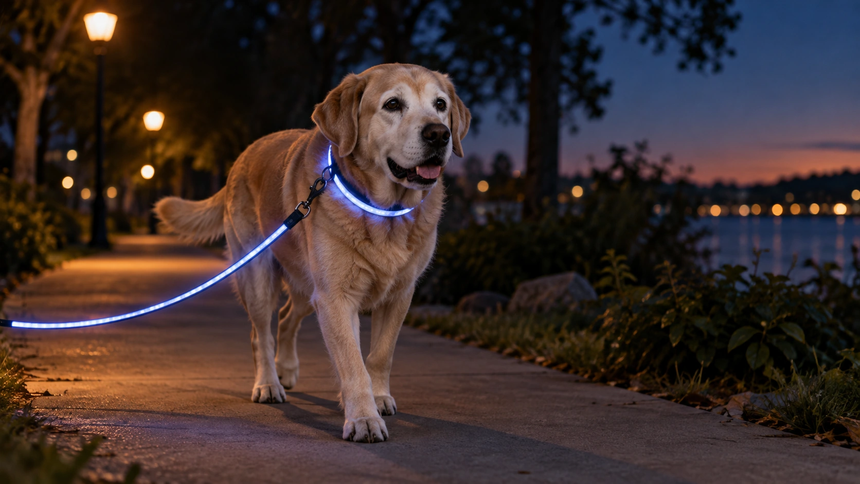 夕暮れの散歩でLEDライトが優しく光っているシニア犬の様子