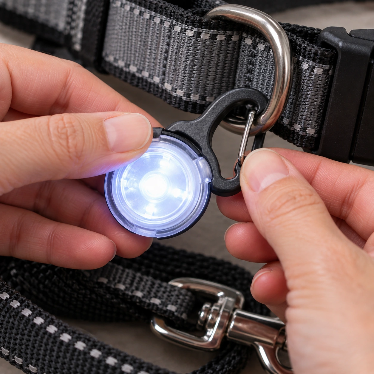 散歩用LEDライトを首輪やリードに取り付けている様子