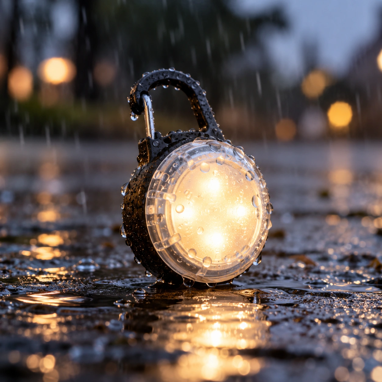 散歩用LEDライトに水滴がかかっている様子で防水性を確認している