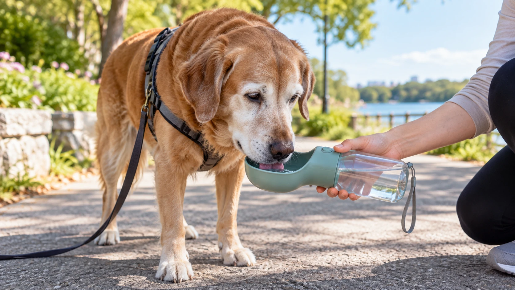 散歩中に携帯給水ボトルで水を飲んでいるシニア犬の様子