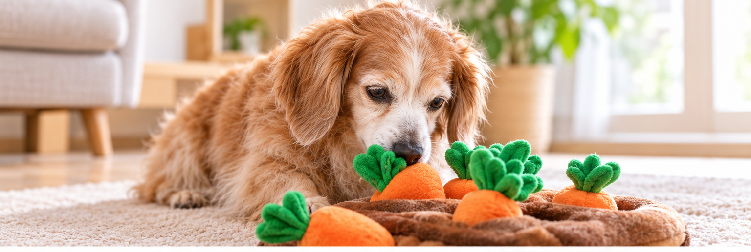 シニア犬がノーズワーク玩具のにんじんに鼻を近づけている様子