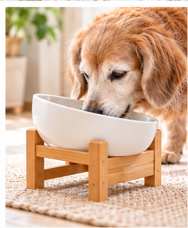 シニア犬が高さのある台に乗せたボウルで無理のない姿勢で水を飲んでいる様子